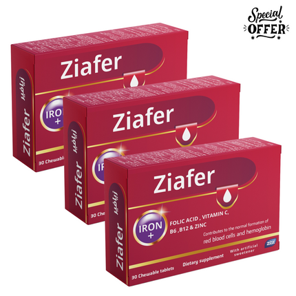 Ziafer – Iron + Vitamins Supplement for Healthy Blood & Iron Deficiency Anemia – 30 Tablets ( pack of three )