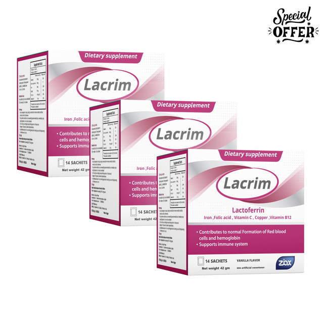 Lacrim 14 SACHETS –Lactoferrin, Iron & Vitamins for Anemia, Immunity & Overall Health (pack of 3)