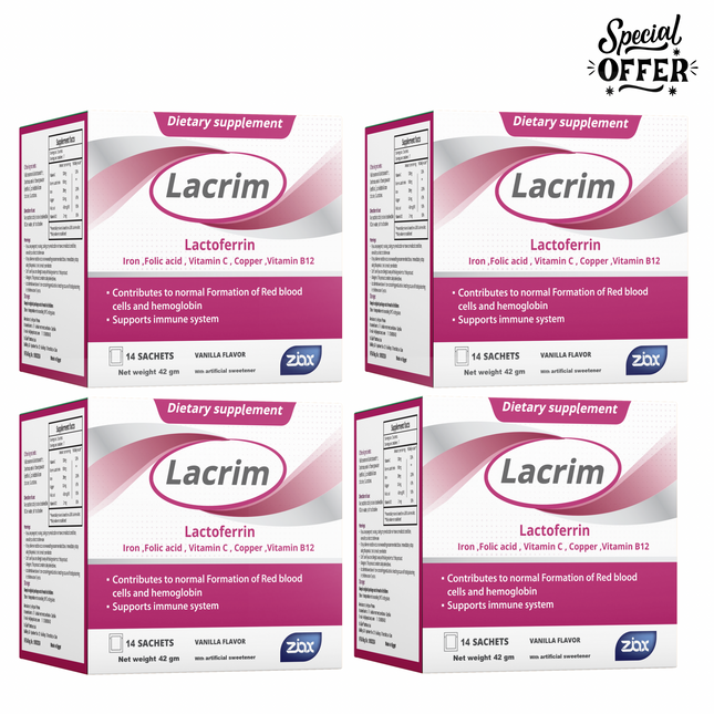 Lacrim 14 SACHETS –Lactoferrin, Iron & Vitamins for Anemia, Immunity & Overall Health (pack of 4)